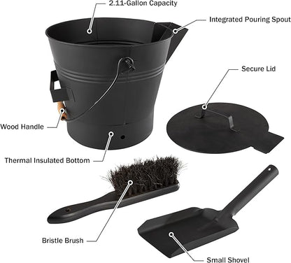 Pure Garden Ash Bucket - Metal Bucket with Lid (2.11-Gallon), Broom, and Shovel for Fireplace or Firepit Ashes - Fireplace Tools (Black) - 1 Count
