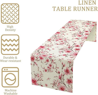 Cherry Flower Table Runner, Seasonal Spring Cherry Blossoms Branches Watercolor Floral Print Table Cover for Kitchen Dining Table Indoor Outdoor Party Decor, 13x90inch