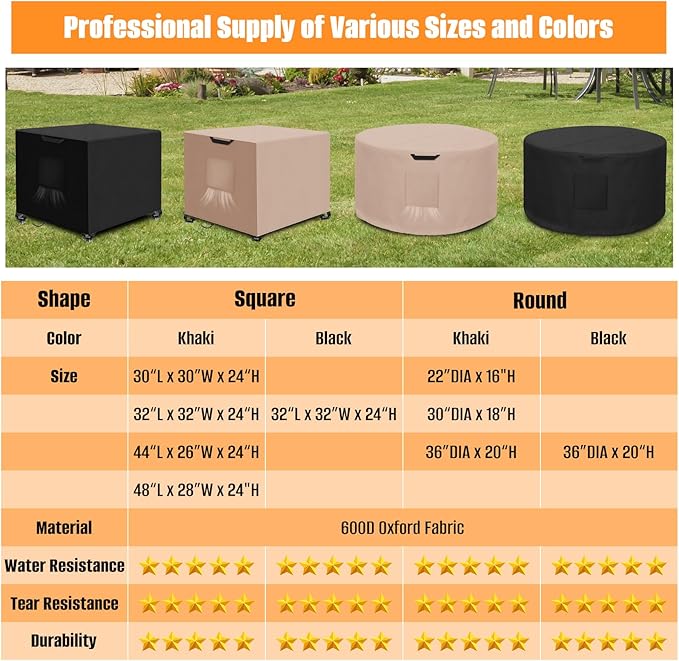 Kovshuiwe Round Fire Pit Cover-600D Fabric Waterproof and Resistant Material, Fits Outdoor For 27-30 Inch Fire Pit /Table Cover, Patio Fire Bowl Cover-30"DIA x 18"H, Khaki