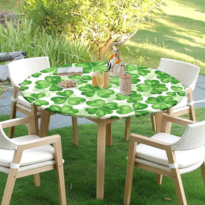 St Patricks Day Round Fitted Tablecloth with Elastic Spring Green Watercolor Shamrock Circle Table Cloth for 36-40" Tables Waterproof Washable Clover Leaf Floral Table Cover for Outdoor Picnic Dining