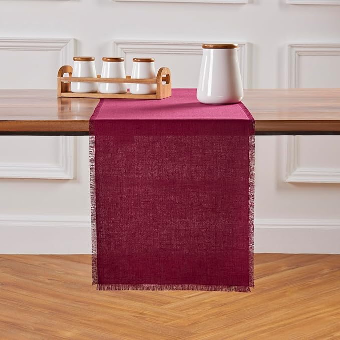 Solino Home Linen Beet Table Runner 48 Inches - Fringe, 100% Pure Linen Small Table Runner 14 x 48 Inch Ideal for Dresser and Coffee Tables - Winter, Valentines