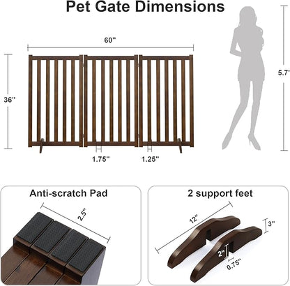 36" Height Extra Tall Freestanding Pet Gate, Solid Wood Folding Safety Fence Wooden Dog Gate with 2 PCs Support Feet Ideal for Stairs, Doorways, Halls, Kitchens, Heavy Duty Gates, 3 Panels, Walnut