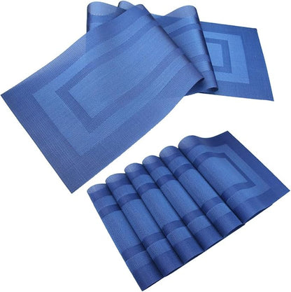 PIGCHCY Placemats with Matching Table Runner,Heat Resistant Vinyl Woven Washable Table mats Sets (6 Placemats+1 Table Runner,Navy Blue)