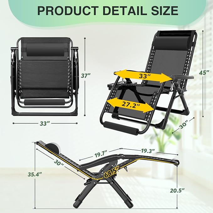 Suteck Oversized Zero Gravity Chair, 500LBS 33In XXL Outdoor Recliner Chairs | - Image 2