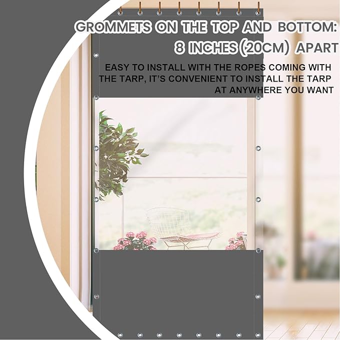 20 Oz Outdoor Vinyl Curtain, Outdoor Clear Panel Curtain, Weather Resistant Outdoor Curtain for Pergola, Porch, Gazebos, with Rustproof Grommets (8'H x 8'W, Dark Gray)