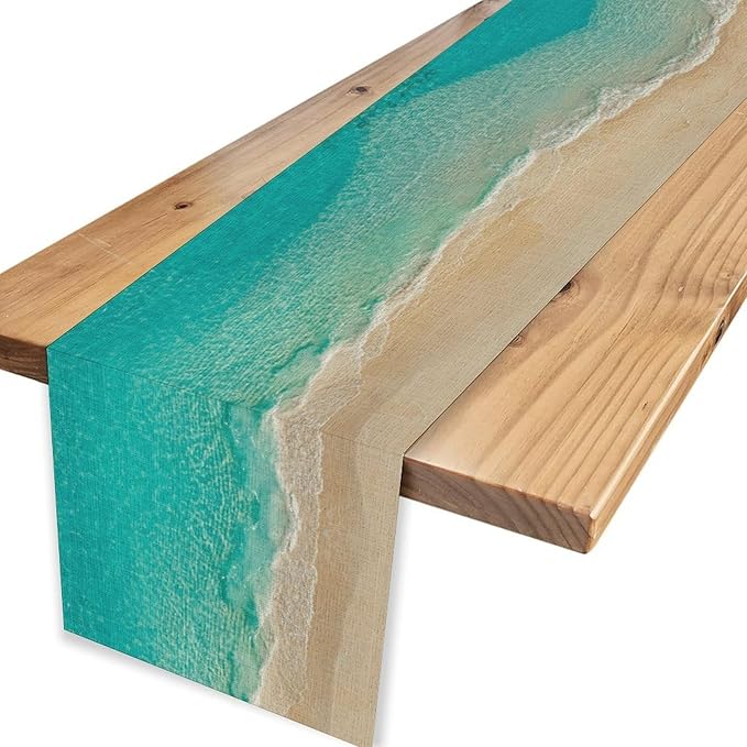 Blue Sea Waves Table Runner, Summer Turquoise Tropical Beach Sandy Ocean Clear Sea Water Coffee Table Center Deco, for Wedding Party Holiday and Living Room Table Decorations, 13" X 36"