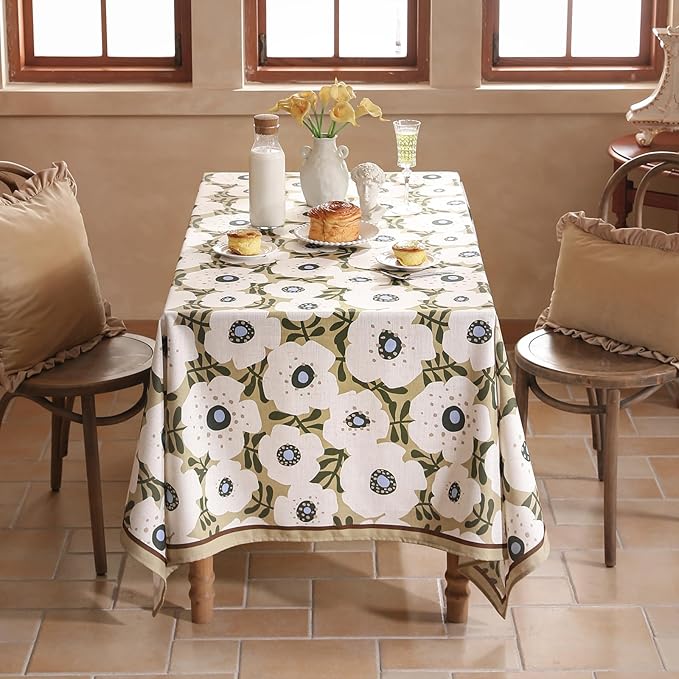 Designer Vintage Rectangular Tablecloth,Linen French Tablecloth with White Floral Pattern,Decorative Table Cover for Kitchen,Dining,Thanksgiving,Tea Party,55" × 79"-Hidaka