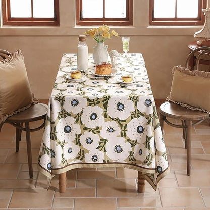 Designer Vintage Long Rectangular Tablecloth,Linen French Tablecloth with White Floral Pattern,Decor Table Cover for Kitchen,Dining,Thanksgiving,Tea Party,63" × 94"-Hidaka