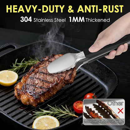 Hotec Stainless Steel Kitchen Tongs, Set of 2-9" and 12", Locking Metal Food Tongs for Cooking, Serving, BBQ, Grill Non-Slip Grip