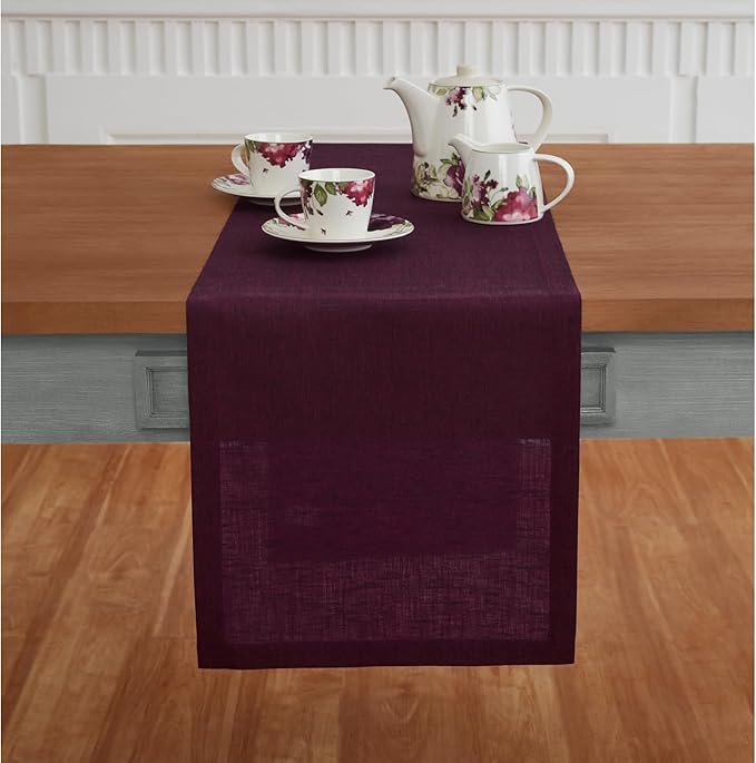 Solino Home Linen Table Runner 72 Inches Long - Athena, 100% Pure Linen Chambray Burgundy Table Runner 14 x 72 Inch for Dining, Valentines