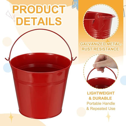 Small Metal Buckets, Mini Buckets with Handle Galvanized Colored Tin Pail Containers Basket Party Supplies - Fit for (Halloween - Classroom Crafts) 5" & 10Pcs & Red