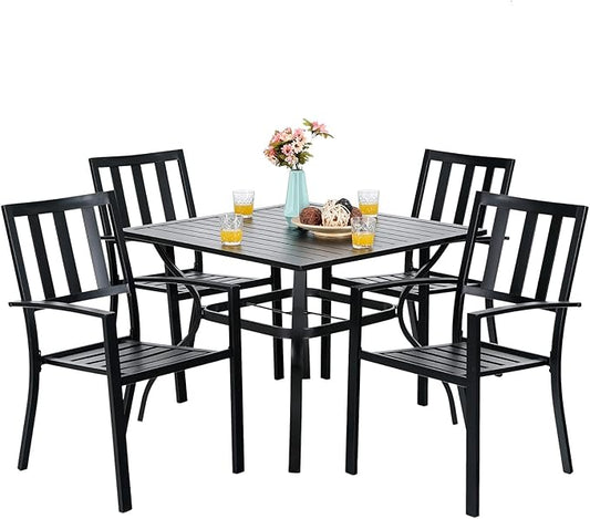 Sophia & William Patio Table and Chairs Set, Outdoor Dining Set for 4, 5 Piece Metal Patio Furniture, 37" Black Square Table(Stripe)