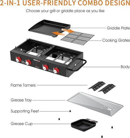 Royal Gourmet GD4002T 4-Burner Tailgater Grill and Griddle Combo, Portable Flat Top Propane Gas Grill with 40,000 BTUs Output for Backyard or Outdoor Cooking, Black
