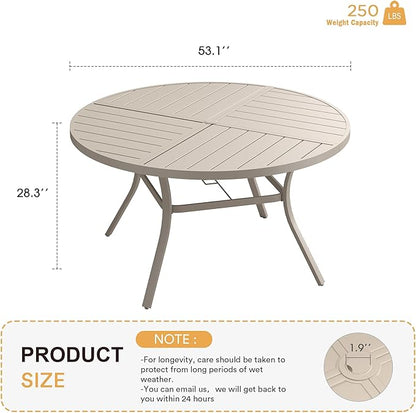 VICLLAX Round Patio Table with Adjustable Umbrella Hole for 8, All Weather Metal Outdoor Dining Table for Lawn Garden, 53.1" Outdoor Coffee Table, Cream Color Frame
