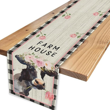 Cow Farmhouse Table Runner, Rustic Black White Plaid Buffalo Animals Flower Rose Farm Coffee Table Center Decor for Family Kitchen and Living Room Country Holiday Party Table Decorations, 13" X 36"