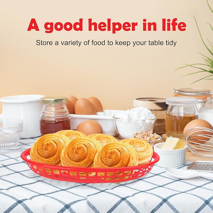 80 Pcs 9 x 5.7 Inch Reusable Oval Fast Food Baskets, Sturdy Plastic Serving Baskets for Fast Food, Parties, Picnics, BBQs and Snacks, by KUKLIPJIM.(Red)