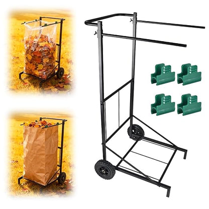 Trash Bag Holder with Wheels, Adjustable Metal Leaf Bag Holder with 4 Clips, Heavy Duty Outdoor Mobile Garbage Bags Cart, Lawn Garbage Bag Stand Holds 35-45 Gallon for Lawn Leaves, Camping, Weeding