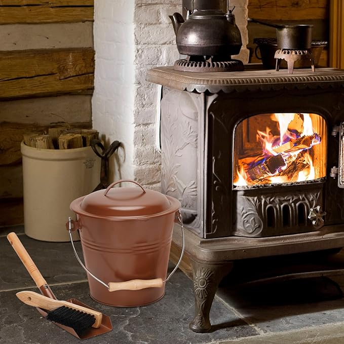 Mini Ash Bucket with Lid, 1.5-Gallon Pail with Shovel and Hand Broom, Metal Bucket Coal and Ash Carrier (Copper)