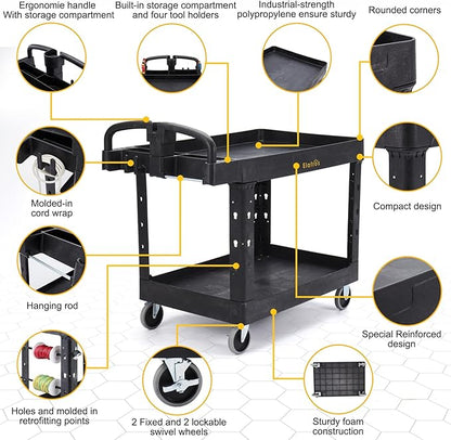 ELAFROS Extra Large Heavy Duty Plastic Utility Work Cart 43.5 x 24.6 Inch – 2 Tier Work Cart with Deep Tub Shelves, Ergonomic Handle, 5 Inch Casters, 550 lbs Capacity, Black