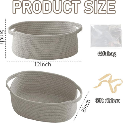 Woven Basket,Small Rope Storage Bin with Handles & Ribbon Bag, Organizer for Shelves Closets,Gift Basket Empty for Birthday,Books,Dog Toys, Grey/3 Pack
