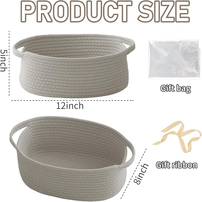 Woven Basket,Small Rope Storage Bin with Handles & Ribbon Bag, Organizer for Shelves Closets,Gift Basket Empty for Birthday,Books,Dog Toys, Grey