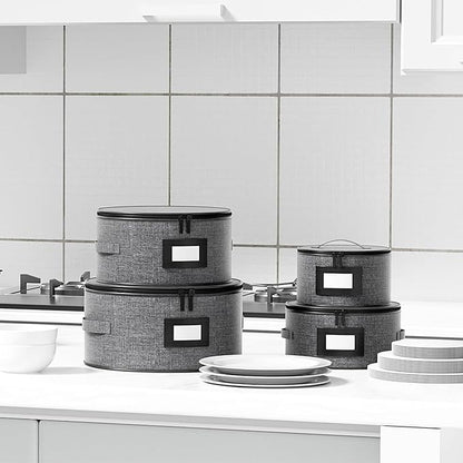 Aokeyee 4 Pcak China Storage Containers, Hard Shell Plates Storage Box with 48 Soft Divider for Saucer, Dessert, Salad, Dinner, Sturdy Quilted Stackable Dish Organizer for Moving & Protection, Grey