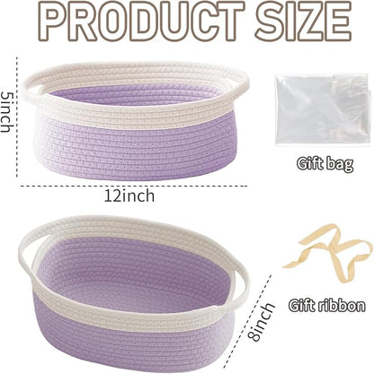 Woven Basket,Small Rope Storage Bin with Handles & Ribbon Bag, Organizer for Shelves Closets,Gift Basket Empty for Birthday,Books,Dog Toys, White&Purple/2 Pack