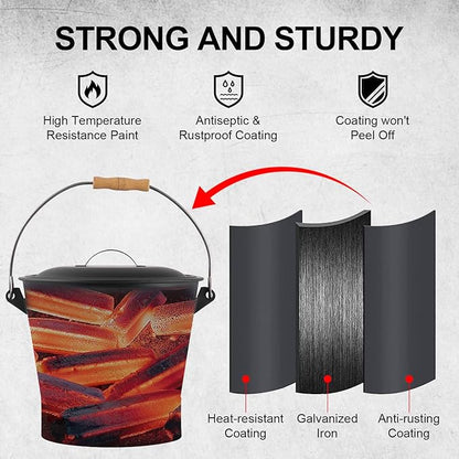 Ash Bucket with Lid, Shovel and Hand Broom, 2.6 Gallon Fireplace Metal Bucket Reinforced Base & Ash Can, Fire Pit,Wood Burning Stove for Fireplace, (Ash Bucket-2.6Gallon)