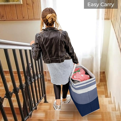 HomeHacks 2 Pack Large Laundry Baskets, Waterproof, Freestanding Laundry Hampers, Collapsible Clothes Hamper with Reinforced Handles in Laundry, College Dorm, Bathroom, Bedroom (Grey+Blue, 100Lx2)