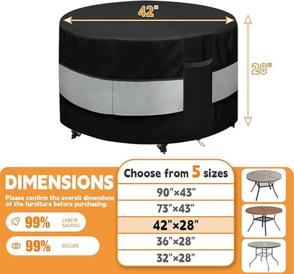 Round Patio Furniture Cover Black Grey Waterproof Up to 10000pa for 42 x 28 Inch Outdoor Round Table Covers