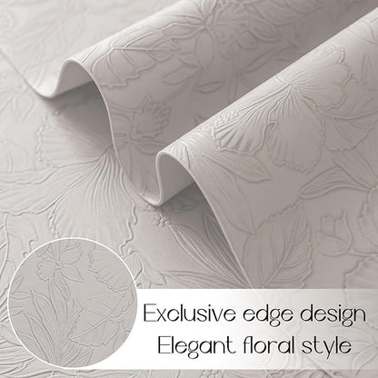 Romanstile Vinyl Placemats Set of 8-12 X 18 Inch - Heat Resistant Non-Slip Embossed Floral Place Mats 100% Waterproof Oilproof Wipeable Faux Leather Table Mats for Kitchen/Dining/Party, LightGrey