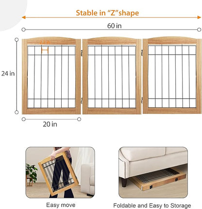 LZRS 3-Panel Freestanding Foldable Wooden Dog Gate –Solid Wood & Steel Wire Chew-Resistant Indoor Safety Pet Fence for Doorways & Stairs, Ideal for Small to Medium Dogs & Puppies, Natural