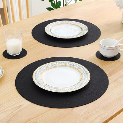 Homaxy Round Faux Leather Placemats and Coasters, Washable Dual-Side Table Mats, Wipeable Heat-Resistant Dining Place Mats for Outdoor and Indoor, Set of 6, Diameter 13 and 3.93 inch, Black