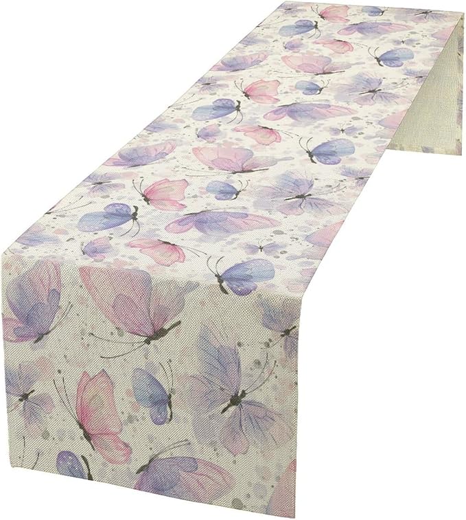 Watercolor Butterfly Table Runner, Pink Purple Butterfly Splash Spot Doodle Art Table Runner for Holiday Kitchen Dining Outdoor Home Party 13x36in