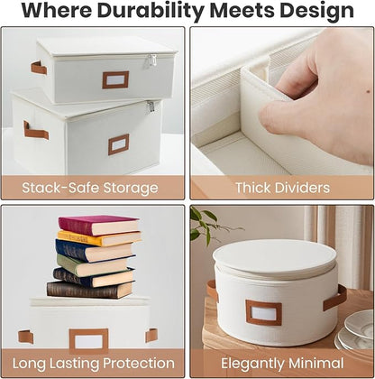 HOMELUX THEORY Coffee Mug Storage with Dividers, Ivory Hard Shell China Storage Containers, Kitchen Storage Bins With Lids, Heavy Duty Moving Box for Packing Glassware, Stemware & Glassware
