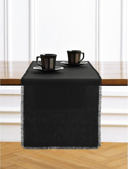 Solino Home Linen Black Table Runner 60 Inches - Fringe, 100% Pure Linen Short Table Runner 14 x 60 Inch Ideal for Dresser and Coffee Tables - Spring