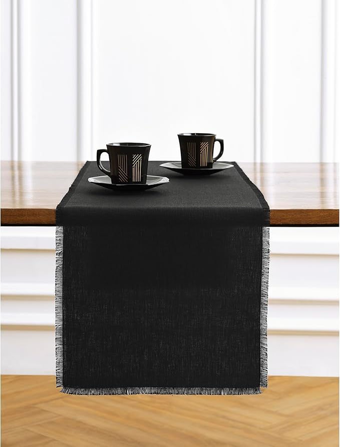 Solino Home Linen Black Table Runner 120 Inches Long - Fringe, 100% Pure Linen Dining Table Runner 14 x 120 Inch for Spring
