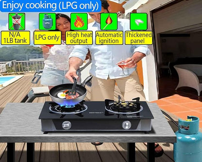 Propane Stove 2 Burner Gas Stove Novel 9 Copper Propane Burners Auto Ignition Tempered Glass with LPG CSA Hose for Outdoor Cooking,Emergency
