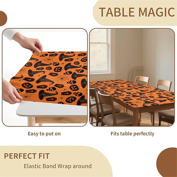 Rectangle Table Cloth Cover Waterproof Elastic Fitted Polyester Fitted Tablecloths for 6 Foot Tables for Indoor,Picnic, Camping, Outdoor （60" x 30"，Halloween Tablecloth）
