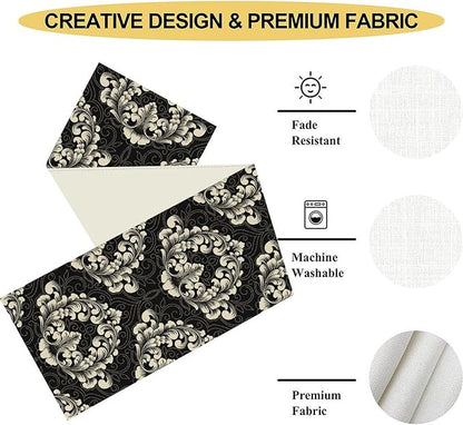 Gothic Table Runner, Retro Black Damask Baroque Style Floral Bohemian Exotic Coffee Vintage Table Center Decor for Kitchen and Dining Outdoor Home Country Party Table Decorations, 13"x90"