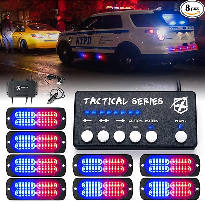 Xprite 24 LED Surface Mount Strobe Lights Kit with Control Panel, Grill Grille Flashing Emergency Warning Police Side Marker Light for Trucks Vehicles ATV RV Cars Van Red Blue, 8PCS