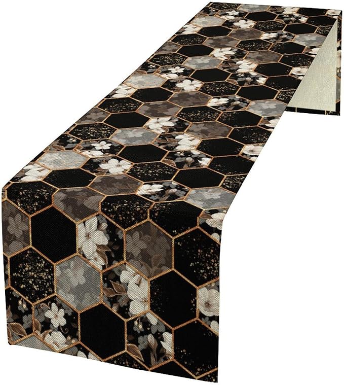 Marble Table Runner, Spring Floral Marble Geometric Texture Pattern Table Runner for Wedding Home Living Room Party Dining Kitchen 13x120in