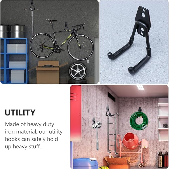 Heavy Duty Metal Wall Hooks 2Pcs Black Utility Garage Storage Hangers for Tool and Garden Organization