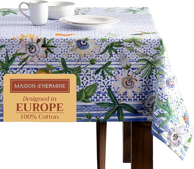 Maison d' Hermine Table Cloth Rectangle Table 100% Cotton 60 x 108 Inches Tablecloth Reusable Decorative for Dining Room, Farmhouse, Home, Party, Festive & Wedding Spring Summer - Passiflora
