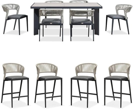 PURPLE LEAF 7 Pieces Outdoor Dining Set Patio Table and Chairs Set Aluminum Wicker Rattan Patio Furniture Set for Lawn Garden Porch Beige Marble Color Outdoor Set with Counter Stools