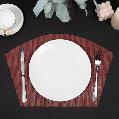SHACOS Small Round Table Placemats Set of 4 Wedge Placemats Burgundy Red Heat Resistant Table Mats Wipe Clean (4, Burgundy Red)