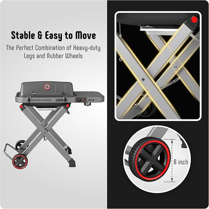Portable Propane Gas Grill with Folding Cart & 13000 BTUs Burner, 360 Sq. In. Cast Iron Cooking Grates, Side Table, 8" Wheels, Stainless Grease Tray for Outdoor BBQ, Camping & Tailgating, Grey