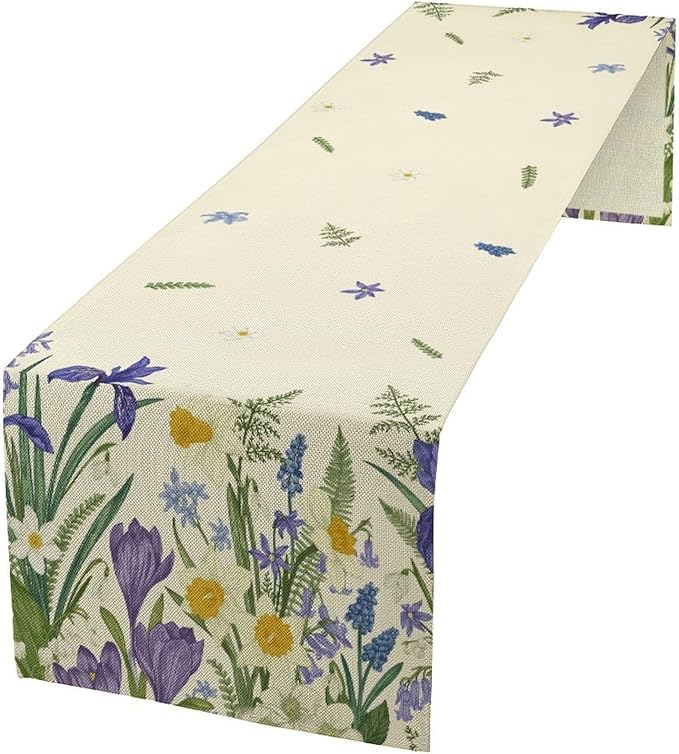 Wildflowers Table Runner,Spring Purple Floral Summer Seasons Daisy Flower Print Kitchen Dining Table Decoration for Home Farmhouse Party 13x70in