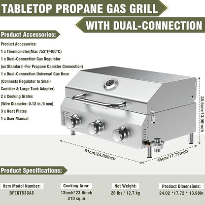 Bestfire 3-Burner Tabletop Gas Grill with Dual Connections, 30,000 BTU Portable Propane Grill Fits Large Cylinders & Small Canisters, Stainless Steel Knobs, Compact Design for Camping, RV, BBQ