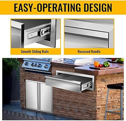 Pull Out Trash Drawer, Lower Sliding Rails Stainless Steel Roll Out Trash Bin Pull Out Tray With Handle For Outdoor Kitchen BBQ Island Grill Station,Single Drawer